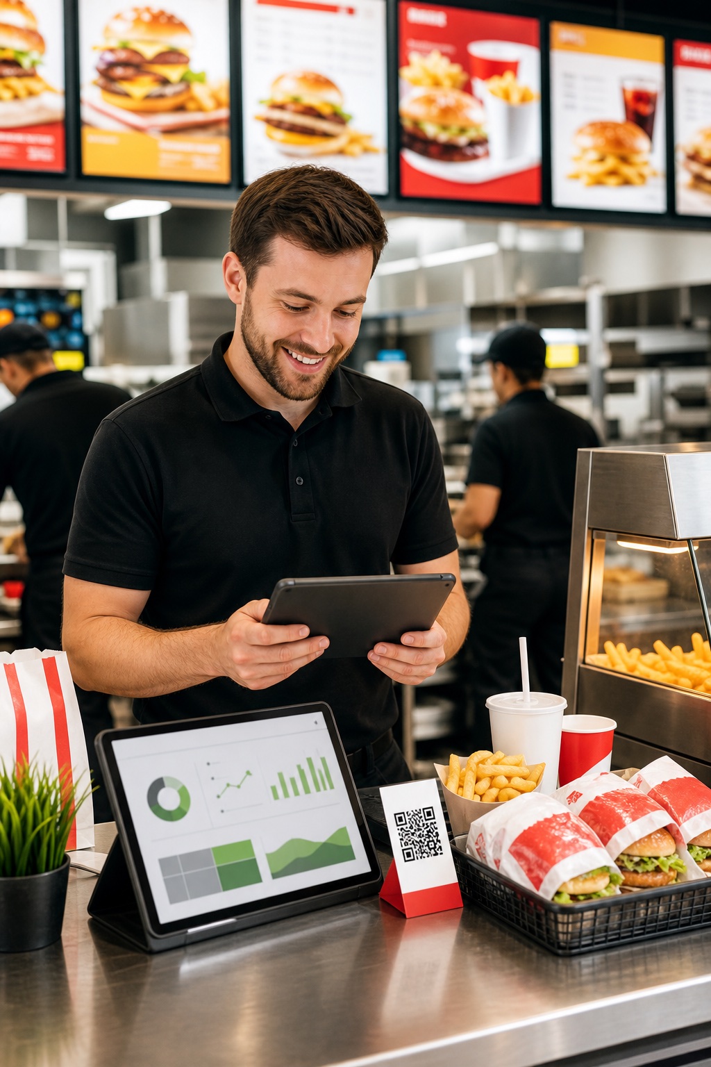 Administrador de comida rapida usando una tableta con panel digital